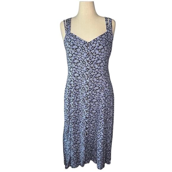 Newport News Dresses & Skirts - Vtg Midi Dress Size 14 Ditsy Floral Blue Smocked 90s Button Front Y2K